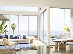Hunter Douglas Nantucket™ Window Shadings in a costal view living room