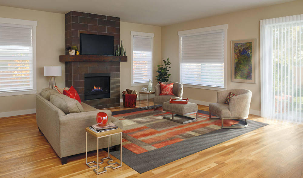 living room with remote controlled window treatments